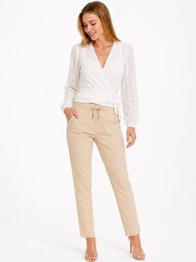 Classic Beige Straight-Leg Drawstring Pants